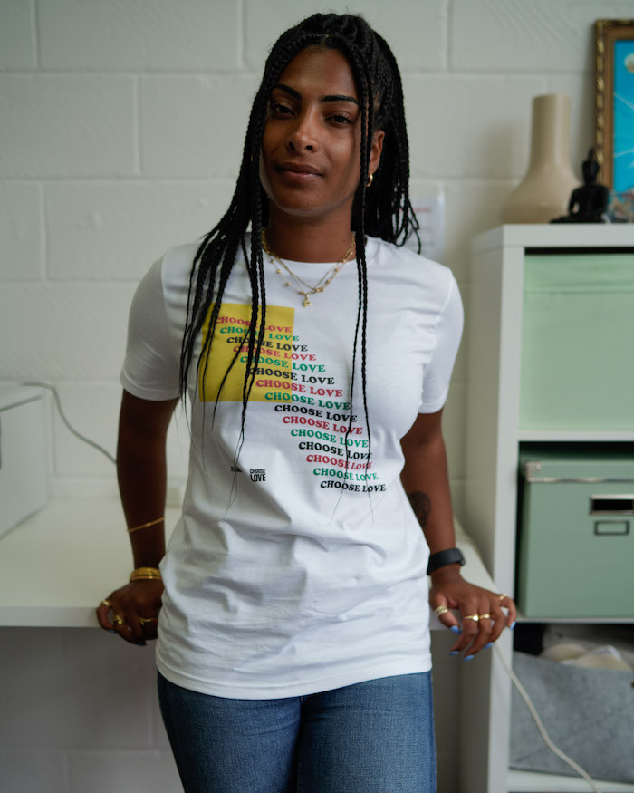 Priya Ahluwalia wearing her Choose Love design