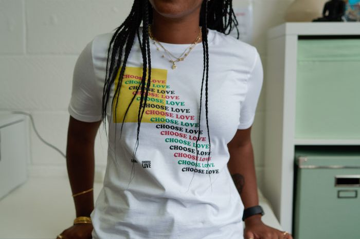 Priya Ahluwalia wearing her Choose Love design
